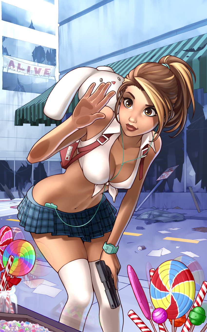 1girl absurdres against_glass backpack bag blonde_hair blue_skirt breasts brown_eyes brown_hair candy candy_cane cerra_romero cleavage commentary commission cover_image digital_media_player earphones earphones english_commentary erect_nipples food front-tie_top gun hair_ornament hair_scrunchie handgun highres land_of_the_dead leaning_forward lips lollipop lowleg_skirt medium_breasts midriff miniskirt multicolored_hair navel nose pistol plaid plaid_skirt pleated_skirt post-apocalypse randoseru ronindude scrunchie short_ponytail skirt solo standing streaked_hair stuffed_animal stuffed_bunny stuffed_toy swirl_lollipop tan thigh-highs toned trigger_discipline two-tone_hair watch watch weapon zettai_ryouiki