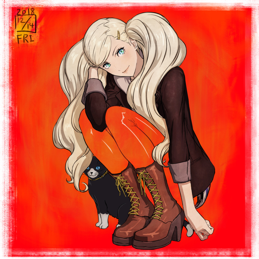1girl 1other 2018 animal atlus big_hair blonde_hair blue_eyes boots brown_footwear brown_jacket cat character_request closed_mouth cute dated full_body hair_ornament hairclip head_tilt high_heel_boots high_heels highres human ikeda_(cpt) jacket long_hair long_sleeves looking_at_viewer megami_tensei morgana_(persona_5) normal pantyhose persona persona_5 red_background red_legwear smile solo squatting takamaki_anne twintails