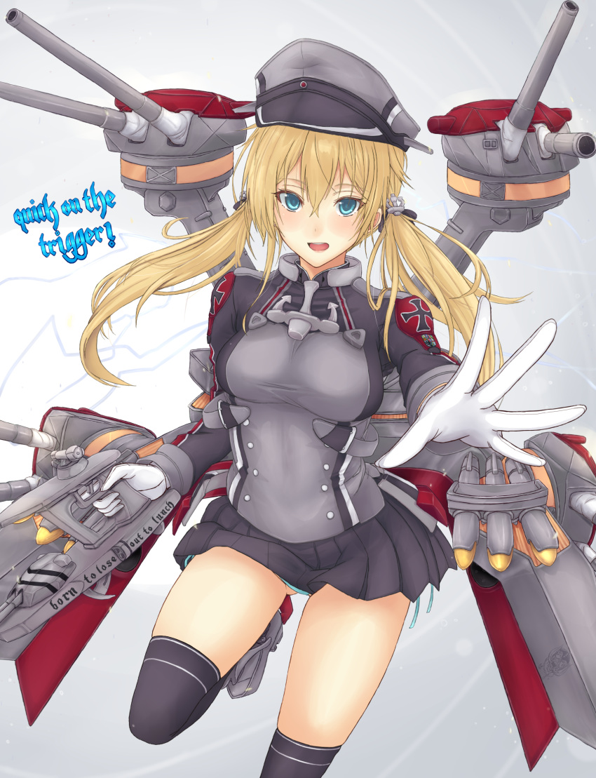 1girl anchor anchor_hair_ornament aqua_eyes black_legwear black_skirt blonde_hair blue_panties commentary_request english_text gloves hair_ornament hat highres kantai_collection mecha_musume mickey_dunn microskirt miniskirt panties peaked_cap prinz_eugen_(kantai_collection) side-tie_panties skirt solo thigh-highs torpedo_tubes turret twintails underwear white_gloves