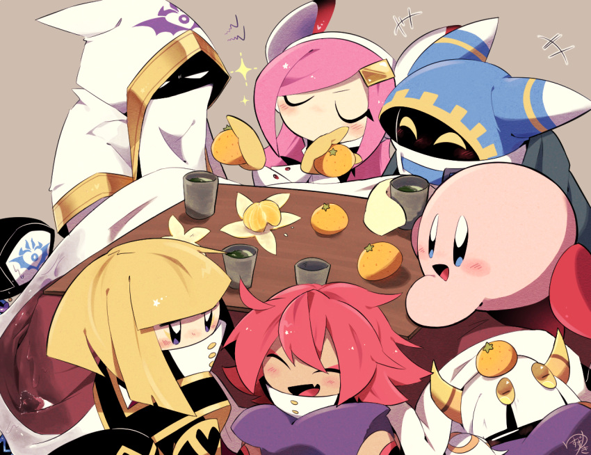1other 3boys 4girls blush cloak closed_eyes cup flamberge_(kirby) food food_on_head francisca_(kirby) fruit glowing glowing_eyes hal_laboratory_inc. hat horns hoshi_no_kirby hoshi_no_kirby_wii hyness kirby kirby's_return_to_dream_land kirby:_planet_robobot kirby:_star_allies kirby_(series) kirby_triple_deluxe kotatsu looking_at_another magolor mandarin_orange messy_hair multiple_boys multiple_girls nintendo object_on_head pink_hair pink_skin redhead short_hair smile susie_(kirby) suzuyuki_cafe table taranza white_hair yellow_eyes zan_partizanne