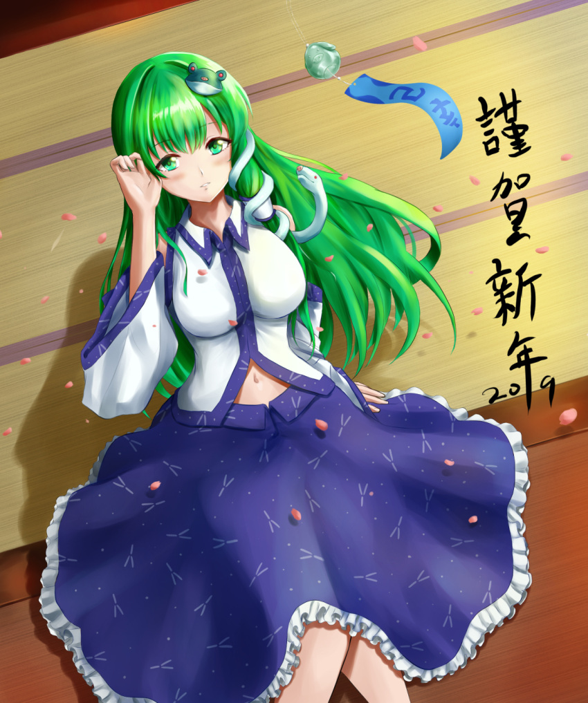 1girl 2019 belly_button blue_skirt blush breasts detached_sleeves frills frog_hair_ornament green_hair hair_decorations hair_tube kochiya_sanae lips long_hair long_skirt looking_up luck_charm miko navel nontraditional_miko open_mouth petals pig_luck_charm red_petals sitting skirt snake_hair_ornament tatami teeth touhou yueyueniaochao