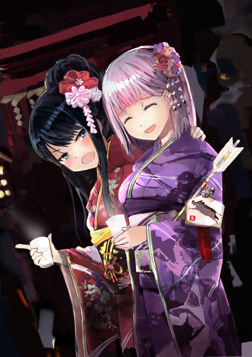 2girls absurdres alternate_costume arrow bana_(stand_flower) bangs bell black_hair chinese_zodiac closed_eyes cup ema floral_print hair_ornament hamaya highres holding holding_arrow holding_cup japanese_clothes jingle_bell kanzashi kimono lavender_hair long_hair long_sleeves multiple_girls new_year obi open_mouth outdoors print_kimono purple_kimono red_kimono red_ribbon ribbon sash shinjou_akane short_hair shrine smile ssss.gridman takarada_rikka upper_body wide_sleeves year_of_the_pig