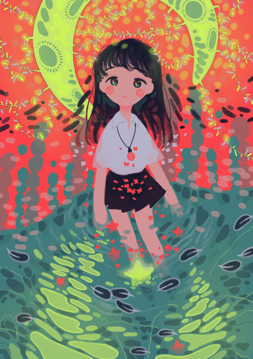 1girl abstract absurdres bangs black_hair black_skirt blush collared_shirt colorful crescent_moon glowing half-closed_eyes highres jewelry leaf long_hair looking_at_viewer moon necklace no_nose original pleated_skirt shirt short_sleeves sizucomaru skirt solo star white_shirt