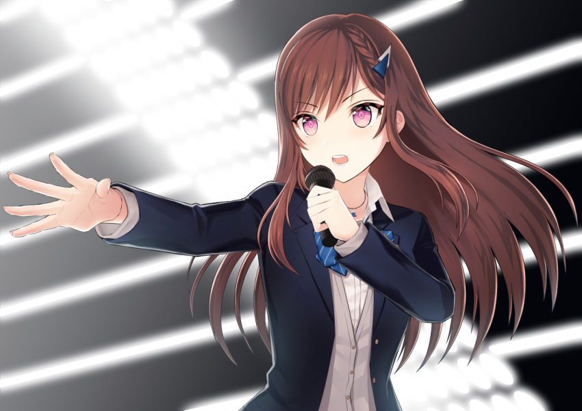 1girl black_jacket blurry blurry_background brown_hair caopy123 cocoa_music doumyouji_cocoa dress_shirt floating_hair hair_ornament hairclip holding holding_microphone jacket long_hair microphone music open_clothes open_jacket open_mouth outstretched_arm shirt singing solo upper_body very_long_hair violet_eyes virtual_youtuber white_shirt