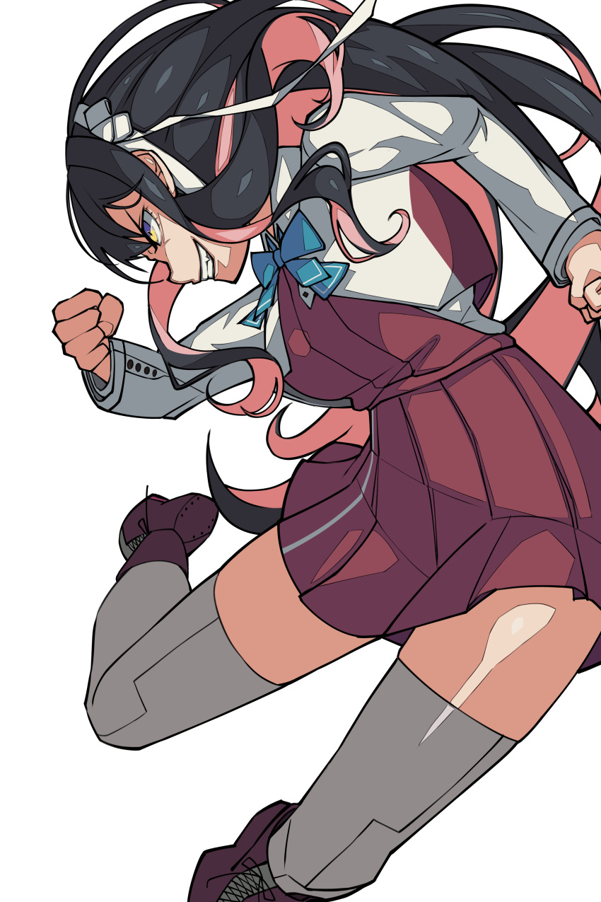 1girl absurdres angry bangs black_hair blouse breasts clenched_hands eyebrows_visible_through_hair fang grey_legwear grin hairband highres kantai_collection karasuma_kuraha large_breasts long_hair long_sleeves multicolored_hair pink_hair pleated_skirt remodel_(kantai_collection) simple_background skirt smile solo teeth thigh-highs thighs two-tone_hair v-shaped_eyebrows wavy_hair white_background yellow_eyes zettai_ryouiki
