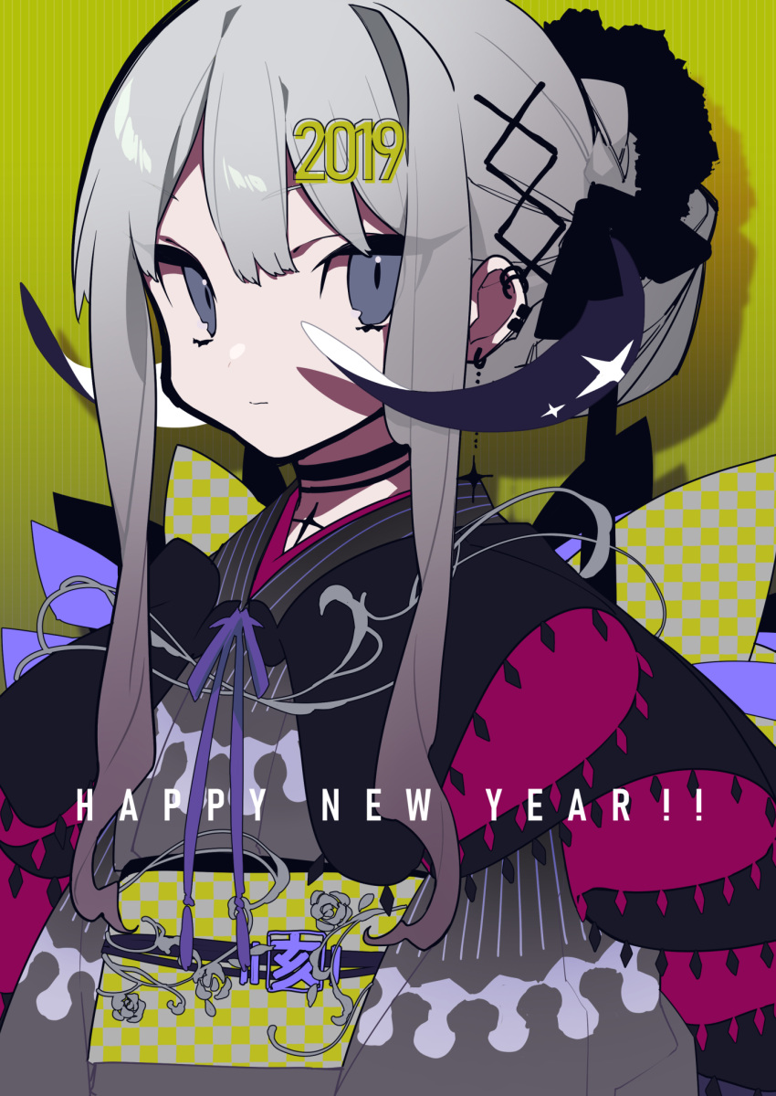 1girl 2019 back_bow black_choker bow chinese_zodiac choker closed_mouth commentary_request drop_shadow ear_piercing earrings eyebrows_visible_through_hair eyes_visible_through_hair gradient_hair grey_eyes grey_hair grey_kimono hair_bun hair_ornament highres japanese_clothes jewelry kimono long_sleeves looking_at_viewer mochizuki_kei multicolored_hair obi original piercing sash sidelocks solo upper_body x_hair_ornament year_of_the_pig yellow_background