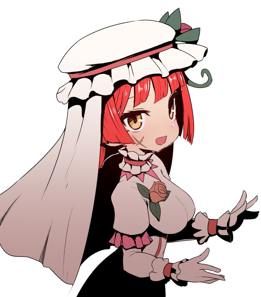 1girl :d arm_garter blush breasts dress elbow_gloves flower from_side gloves highres looking_at_viewer looking_to_the_side medium_breasts megido72 neck_garter open_mouth red_flower red_rose redhead rose scar short_hair simple_background smile solo sumiyao_(amam) turban veil white_background white_dress white_gloves yellow_eyes zepar_(megido72)