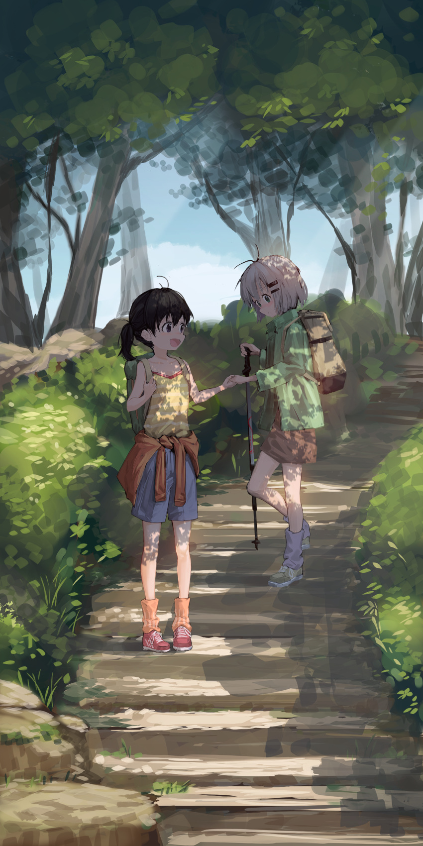 2girls absurdres ahoge backpack bag black_hair bush clothes_around_waist clouds collarbone dappled_sunlight forest gh_(chen_ghh) green_eyes hair_ornament hairclip hand_holding highres hiking jacket kuraue_hinata looking_down multiple_girls nature open_mouth path road scenery shirt shirt_around_waist shoes short_hair short_twintails shorts silver_hair skirt sky sneakers stairs striped striped_shirt striped_tank_top sunlight tank_top tree twintails walking_stick yama_no_susume yukimura_aoi
