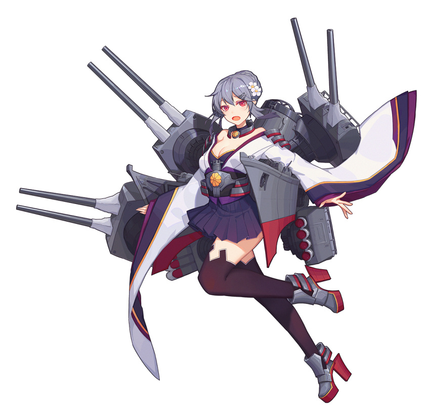 1girl bare_shoulders cannon full_body furutaka_(cruiser) grey_hair hair_bun hair_ornament hairclip high-waist_skirt high_heels machinery mecha_musume open_mouth original personification pleated_skirt red_eyes rudder_footwear simple_background skirt smokestack solo thigh-highs torpedo_launcher torpedo_tubes turret white_background wide_sleeves youxuemingdie