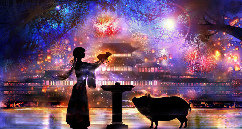 00 1girl architecture backlighting colorful east_asian_architecture fireworks hakama highres japanese_clothes lens_flare low_ponytail miko new_year night original pedestal pig profile scenery silhouette sky tree water