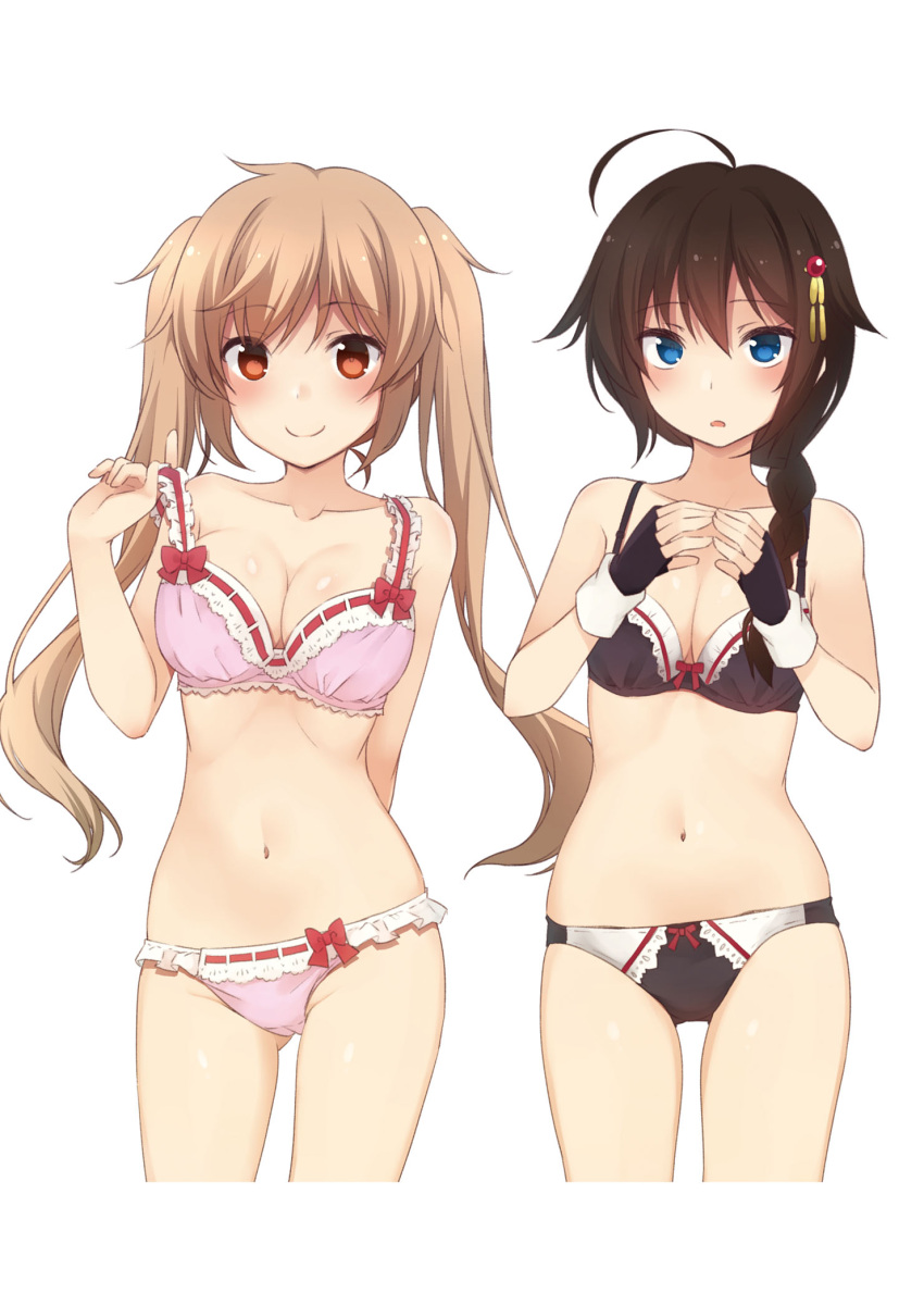 2girls ahoge black_bra black_hair black_panties blue_eyes blush bow bow_bra bow_panties bra bra_tug braid breasts brown_hair cleavage collarbone cowboy_shot cropped_legs eyebrows_visible_through_hair fingerless_gloves fingers_together gloves gluteal_fold hair_between_eyes hair_ornament hair_over_shoulder hands_together highres kantai_collection lace lace-trimmed_bra lace-trimmed_panties long_hair looking_at_viewer medium_breasts multiple_girls murasame_(kantai_collection) nagami_yuu navel panties parted_lips pink_bra pink_panties red_eyes remodel_(kantai_collection) shigure_(kantai_collection) simple_background single_braid skindentation small_breasts smile strap_lift thigh_gap twintails underwear underwear_only white_background