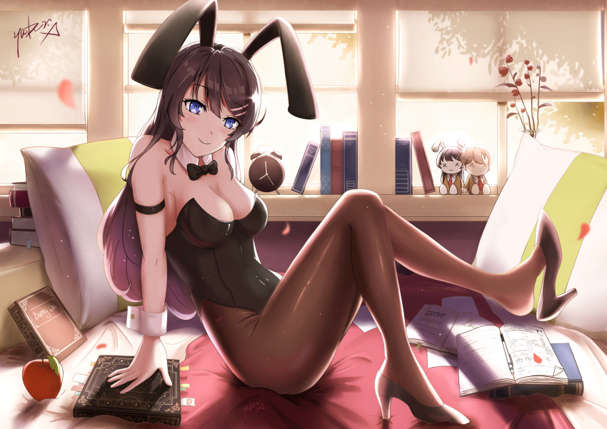 absurdres alarm_clock animal_ears apple arm_support azusagawa_sakuta bed black_footwear black_hair black_legwear black_leotard black_neckwear book bow bowtie breasts bunny_girl bunnysuit character_doll chinese_commentary cleavage clock commentary_request detached_collar food fruit full_body hair_ornament hairclip high_heels highres huge_filesize leotard long_hair looking_at_viewer medium_breasts pantyhose pillow rabbit_ears sakurajima_mai seishun_buta_yarou shoe_dangle signature sitting smile strapless strapless_leotard violet_eyes window wrist_cuffs yuber.x
