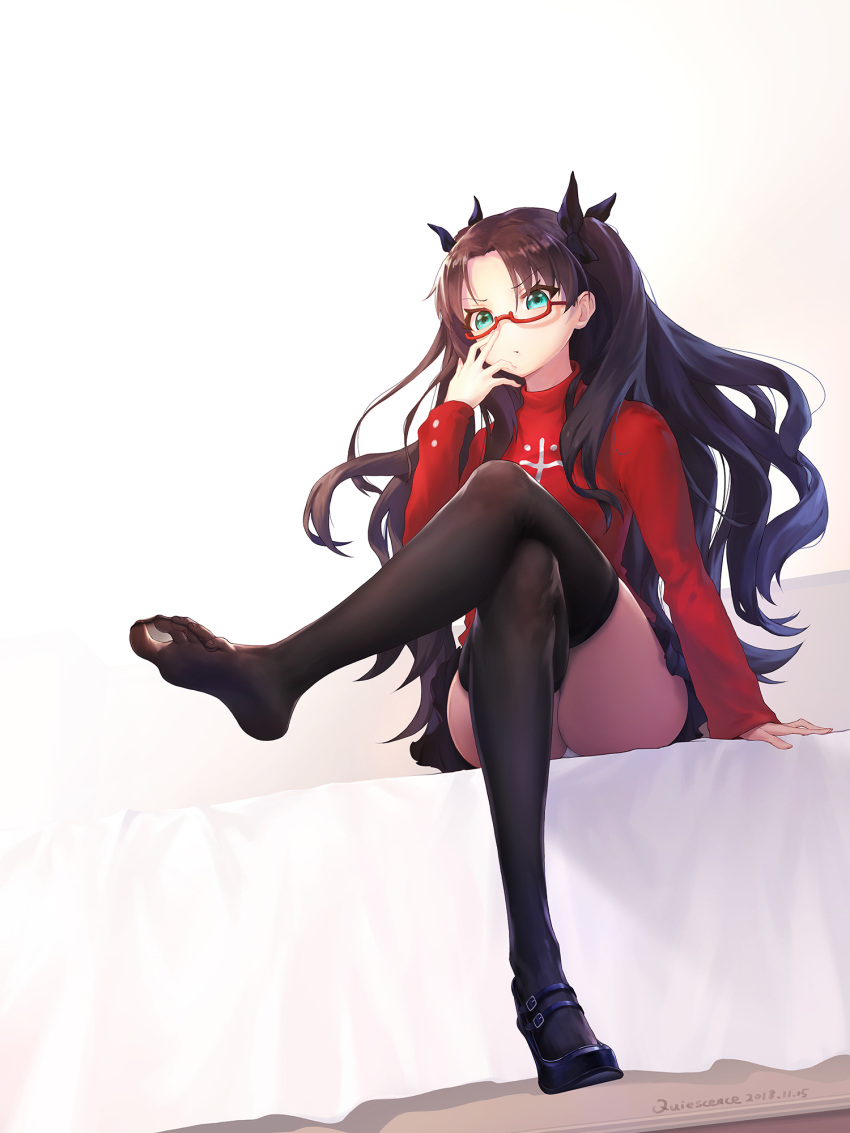 1girl adjusting_eyewear artist_name ass bed black_footwear black_hair black_legwear black_ribbon black_skirt commentary_request dated eyebrows_visible_through_hair fate/stay_night fate_(series) from_below glasses green_eyes hair_ribbon hand_on_eyewear hand_up high_heels highres legs_crossed long_hair long_sleeves looking_at_viewer miniskirt on_bed panties puckered_lips red-framed_eyewear red_shirt revision ribbon semi-rimless_eyewear shinchintaisha shirt shoes single_shoe sitting skirt sleeves_past_wrists soles solo thigh-highs toes tohsaka_rin turtleneck two_side_up under-rim_eyewear underwear v-shaped_eyebrows wavy_hair white_panties