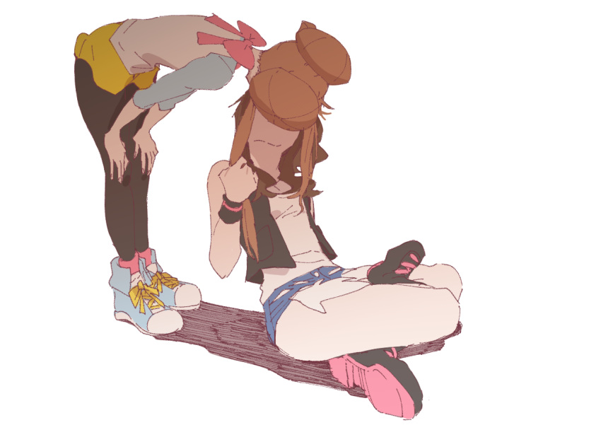 2girls ankea_(a-ramo-do) bangs bent_over black_legwear black_wristband bow breasts brown_hair creatures_(company) cutoffs denim denim_shorts double_bun full_body game_freak hair_grab hair_pull hands_on_own_knees implied_kiss kiss long_hair mei_(pokemon) multiple_girls nintendo pantyhose pink_bow pokemon pokemon_(game) pokemon_bw pokemon_bw2 pulling shadow shirt shorts simple_background sitting small_breasts standing touko_(pokemon) yellow_shorts yuri