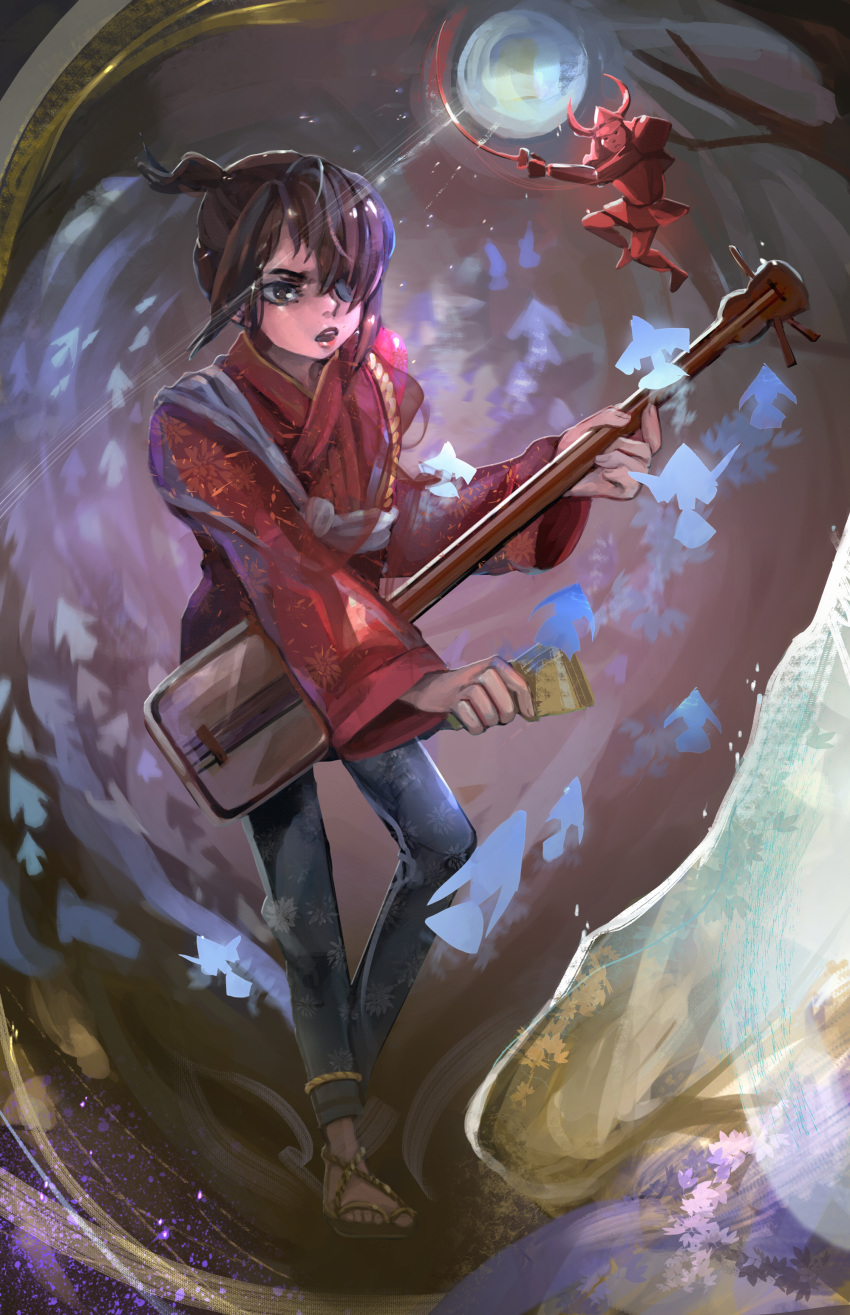 1boy 1girl :o absurdres black_eyepatch black_hair blue_pants brown_eyes brown_hair commentary english_commentary eyepatch full_body guitar highres holding holding_instrument instrument japanese_clothes kimono kubo_(kubo_and_the_two_strings) kubo_and_the_two_strings long_sleeves male_focus miniboy moon open_mouth pants parted_lips red_kimono samurai sandals simha solo