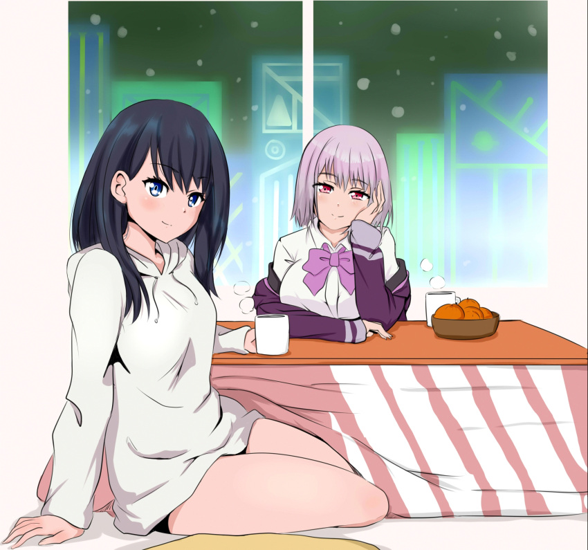 2girls black_hair blue_eyes blush bow bowtie chin_rest collared_shirt commentary cup english_commentary eyebrows_visible_through_hair food fruit grey_hoodie head_tilt highres jacket kotatsu long_sleeves looking_at_viewer mandarin_orange medium_hair multiple_girls off_shoulder pink_hair pink_neckwear purple_jacket red_eyes shinjou_akane shirt short_hair smile ssss.gridman steam table takarada_rikka viperxtr white_shirt wing_collar