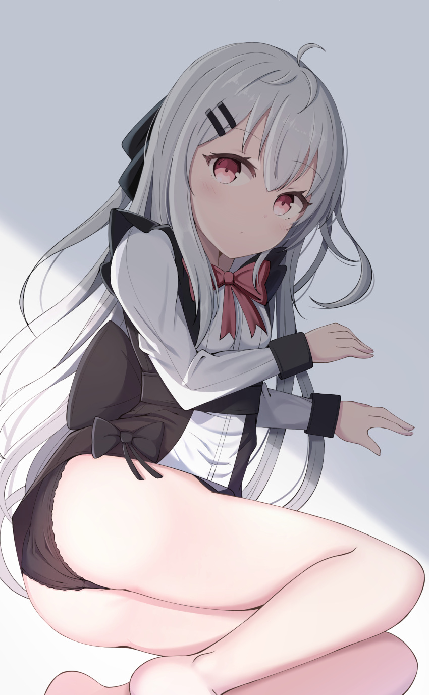 1girl absurdres ahoge ass bangs bare_legs barefoot black_bow black_panties black_vest blush bow bow_panties commentary_request eyebrows_visible_through_hair girls_frontline hair_between_eyes hair_ornament hairclip highres iws-2000_(girls_frontline) long_hair long_sleeves looking_at_viewer panties red_eyes shirt silver_hair solo starfox1015 underwear very_long_hair vest white_shirt