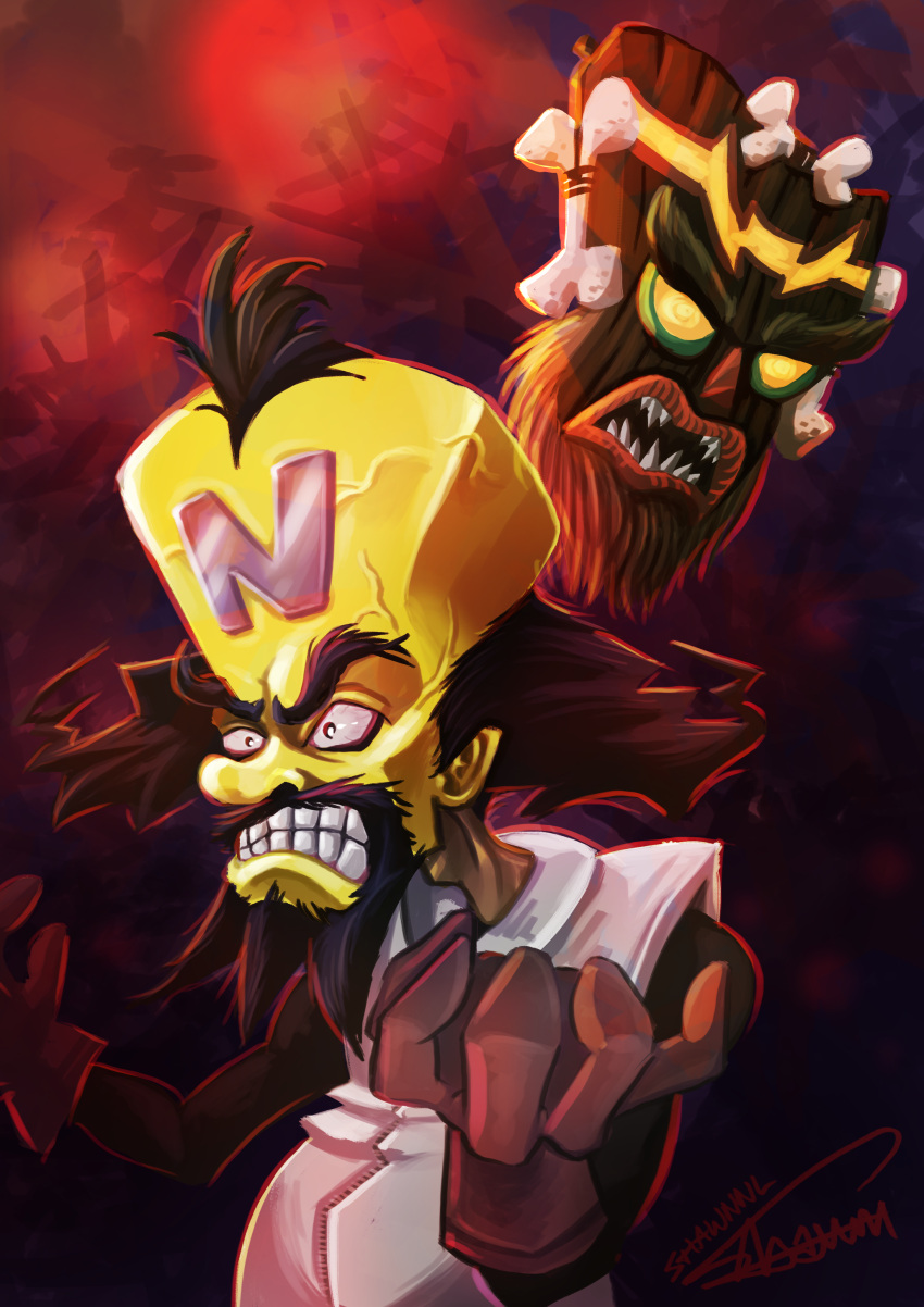 2boys absurdres angry bald beard black_hair bone crash_bandicoot dark facial_hair gloves highres labcoat male_focus mask multiple_boys neo_cortex scientist sharp_teeth shawn_lim signature teeth uka_uka yellow_eyes yellow_skin