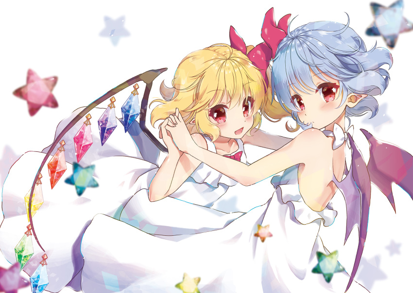2girls :d backless_dress backless_outfit bangs bare_arms bare_back bare_shoulders bat_wings beni_kurage blonde_hair blue_hair blush bow commentary_request crystal dress eyebrows_visible_through_hair flandre_scarlet hair_bow halterneck hand_holding highres looking_at_viewer multiple_girls no_hat no_headwear one_side_up open_mouth pointy_ears red_bow red_eyes remilia_scarlet short_hair siblings simple_background sisters sleeveless sleeveless_dress smile star touhou white_background white_dress wings
