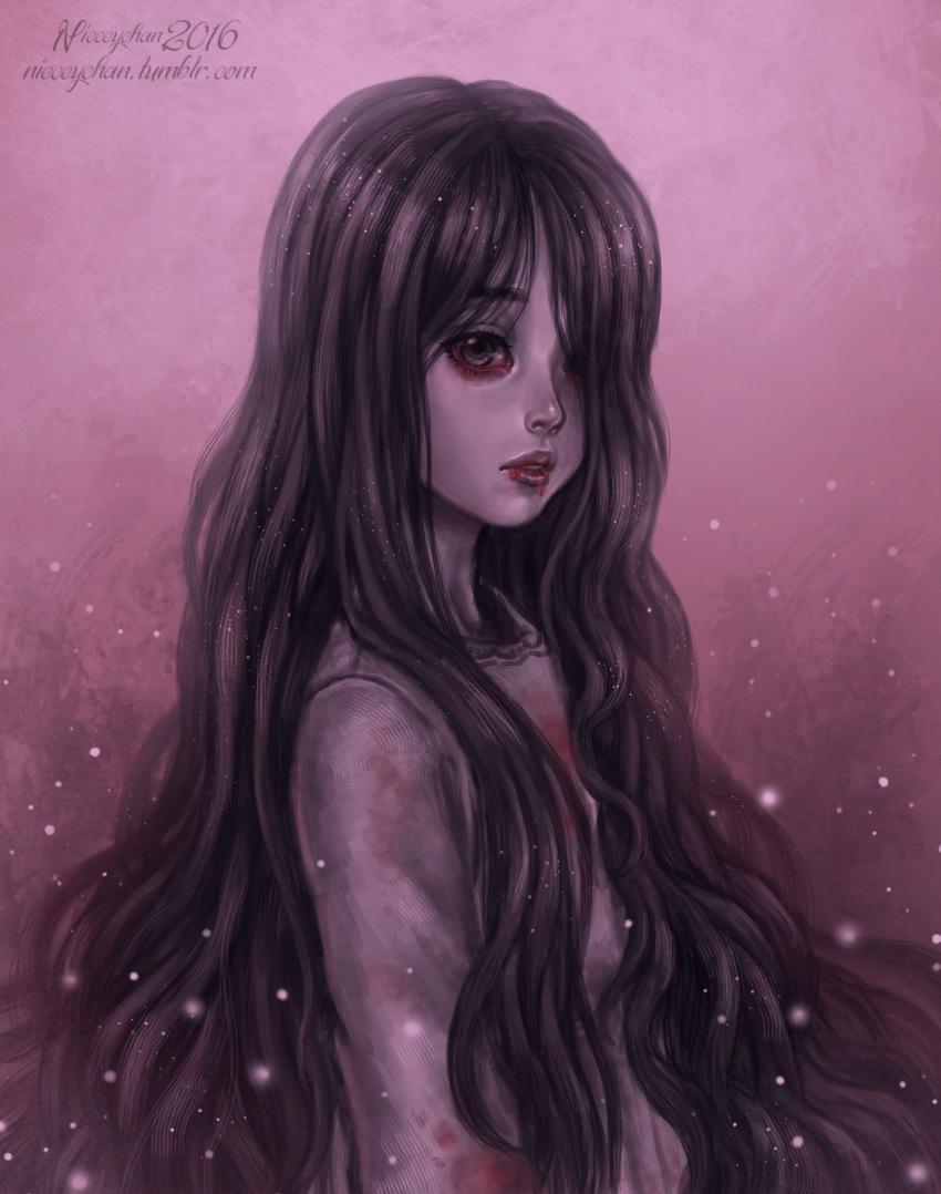 1girl artist_name black_hair blood commentary dated english_commentary hair_over_one_eye highres lips long_hair long_sleeves looking_at_viewer nieceychan nose original parted_lips pink_background shirt solo tumblr_username very_long_hair watermark web_address