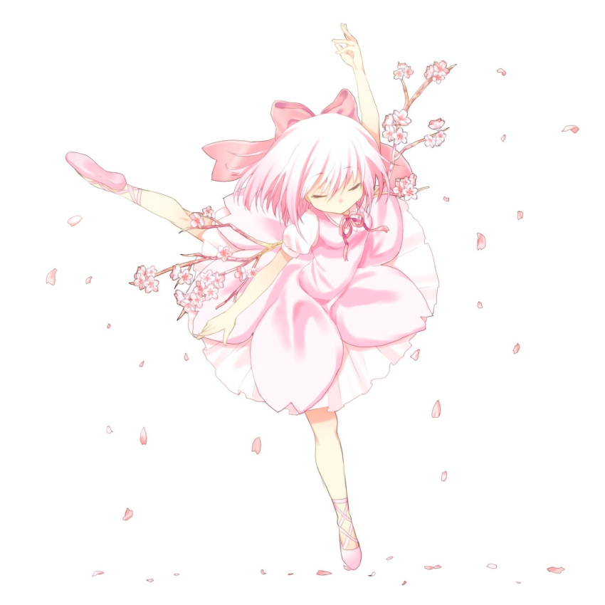1girl adapted_costume alternate_color alternate_element alternate_hair_color alternate_wings ankle_lace-up arm_up ballerina ballet_slippers bow busujima_funya cherry_blossoms cirno closed_eyes commentary_request cross-laced_footwear dancing dress facing_viewer flower full_body hair_bow highres leg_up neck_ribbon no_mouth petals pink pink_bow pink_dress pink_footwear pink_hair puffy_short_sleeves puffy_sleeves ribbon sakura_cirno short_hair short_sleeves simple_background solo touhou tree_branch white_background wings