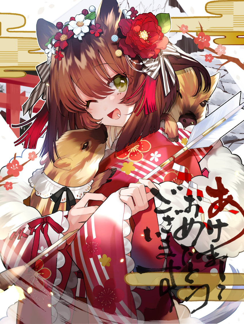 absurdres animal animal_ears animal_on_shoulder arrow bangs boar bow brown_hair commentary_request eyebrows_visible_through_hair fang flower frilled_sleeves frills green_eyes hair_between_eyes hair_bow hair_flower hair_ornament hair_ribbon highres holding holding_animal japanese_clothes kimono long_sleeves looking_at_viewer new_year open_mouth original pomu_(pomu_me) red_flower red_kimono ribbon smile solo_focus upper_body white_flower wide_sleeves