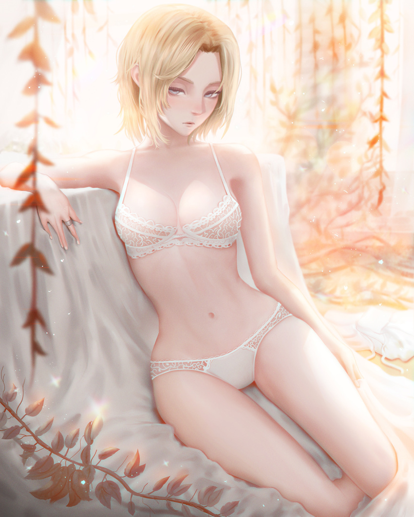 1girl annie_leonhardt bangs blonde_hair blue_eyes blurry blurry_background bra breasts english_commentary highres jewelry lingerie looking_at_viewer mcdobo medium_breasts navel panties parted_bangs parted_lips ring shingeki_no_kyojin short_hair solo thighs underwear white_bra white_panties