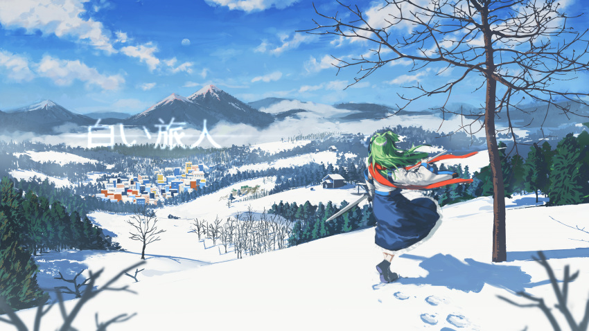 1girl absurdres bare_tree blue_skirt blue_sky boots building chun_lanlanlan city clouds commentary_request detached_sleeves earmuffs floating_hair from_behind full_moon green_hair highres holding kochiya_sanae long_hair mixed-language_commentary moon mountainous_horizon outdoors red_scarf scarf scenery shadow shirt skirt sky snow solo standing touhou translation_request tree white_shirt wide_sleeves wind