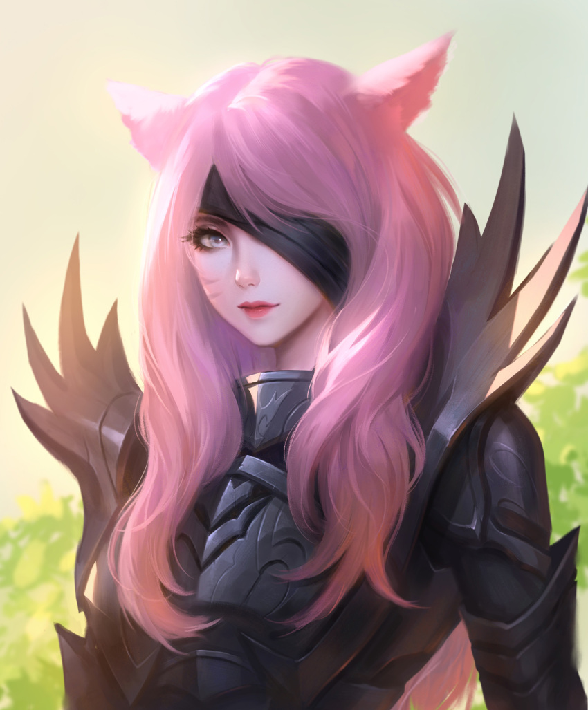 1girl animal_ears armor bandage_over_one_eye blue_eyes blurry blurry_background cat_ears closed_mouth commission facial_mark final_fantasy final_fantasy_xiv highres lips long_hair looking_at_viewer miqo'te nguyen_uy_vu outdoors pink_hair portrait solo tree upper_body whisker_markings