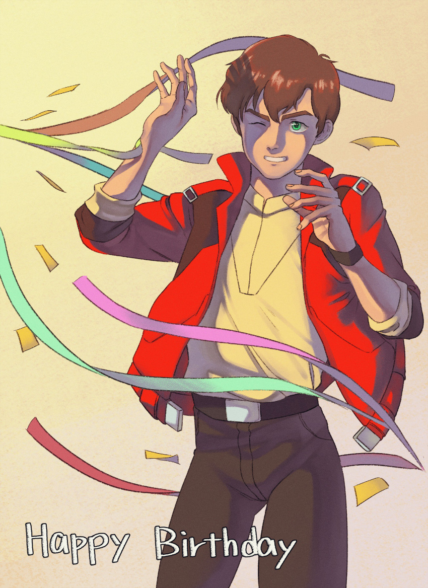 13_sanami 1boy absurdres birthday brown_hair confetti green_eyes gundam gundam_zz happy_birthday highres judau_ashta male_focus short_hair