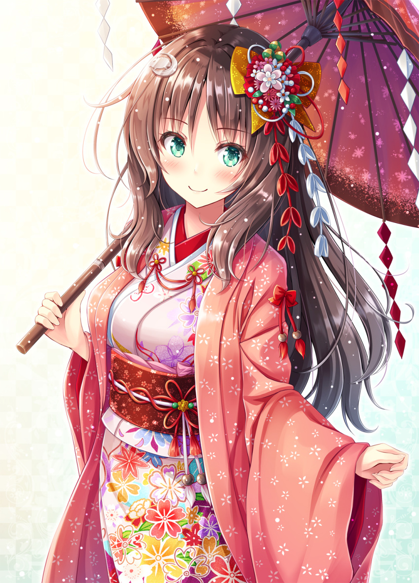 1girl akashio_(loli_ace) bangs blush bow breasts brown_bow brown_hair chinese_zodiac closed_mouth commentary_request crescent crescent_hair_ornament eyebrows_visible_through_hair fingernails floral_print flower green_eyes hair_between_eyes hair_bow hair_flower hair_ornament haori highres holding holding_umbrella japanese_clothes kimono long_hair long_sleeves looking_at_viewer medium_breasts obi oriental_umbrella original pig_hair_ornament pink_flower pink_kimono print_kimono red_flower red_umbrella sash smile solo umbrella very_long_hair white_background white_flower wide_sleeves year_of_the_pig