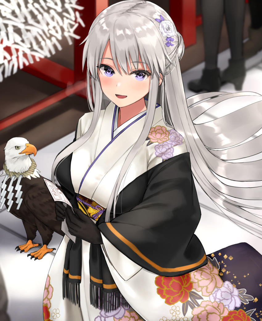 1girl animal azur_lane bangs bird black_gloves black_shawl blush breasts day eagle enterprise_(azur_lane) eyebrows_visible_through_hair floral_print flower fringe_trim gloves hair_flower hair_ornament highres holding japanese_clothes kimono kinokorec large_breasts long_hair looking_at_viewer outdoors shawl shrine sidelocks silver_hair smile solo_focus very_long_hair violet_eyes white_flower white_kimono