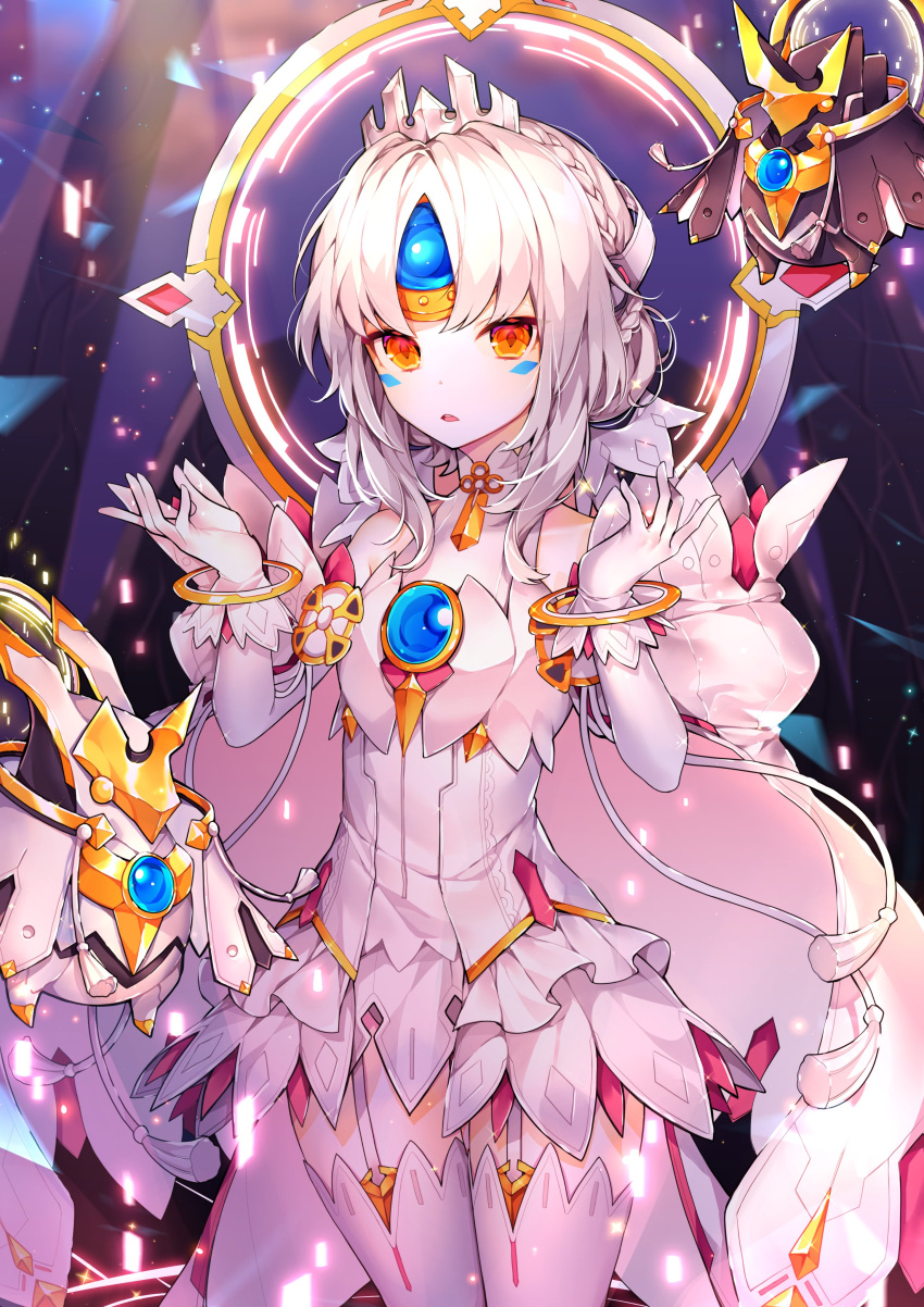 absurdres bare_shoulders braid cloak code:_esencia_(elsword) crown detached_sleeves drone elsword energy eve_(elsword) facial_mark forehead_jewel gem gloves ha_youn highres moby_(elsword) open_mouth remy_(elsword) ringlets silver_hair yellow_eyes