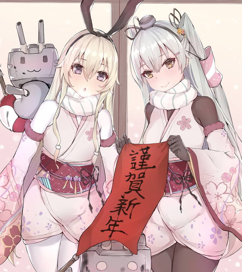 2girls :3 alternate_costume amatsukaze_(kantai_collection) bangs black_gloves black_hairband black_hat black_ribbon blonde_hair blush bodystocking breath chestnut_mouth closed_mouth commentary_request cowboy_shot detached_sleeves floral_print gloves hair_between_eyes hair_ornament hair_ribbon hair_tubes hairband hairclip hat head_tilt highres holding japanese_clothes kantai_collection kimono long_hair mini_hat multiple_girls obi open_mouth pink_kimono print_sleeves rensouhou-chan rensouhou-kun ribbon sash scarf sherryqq shimakaze_(kantai_collection) sidelocks silver_hair smile striped striped_scarf translated turret two_side_up very_long_hair violet_eyes white_scarf