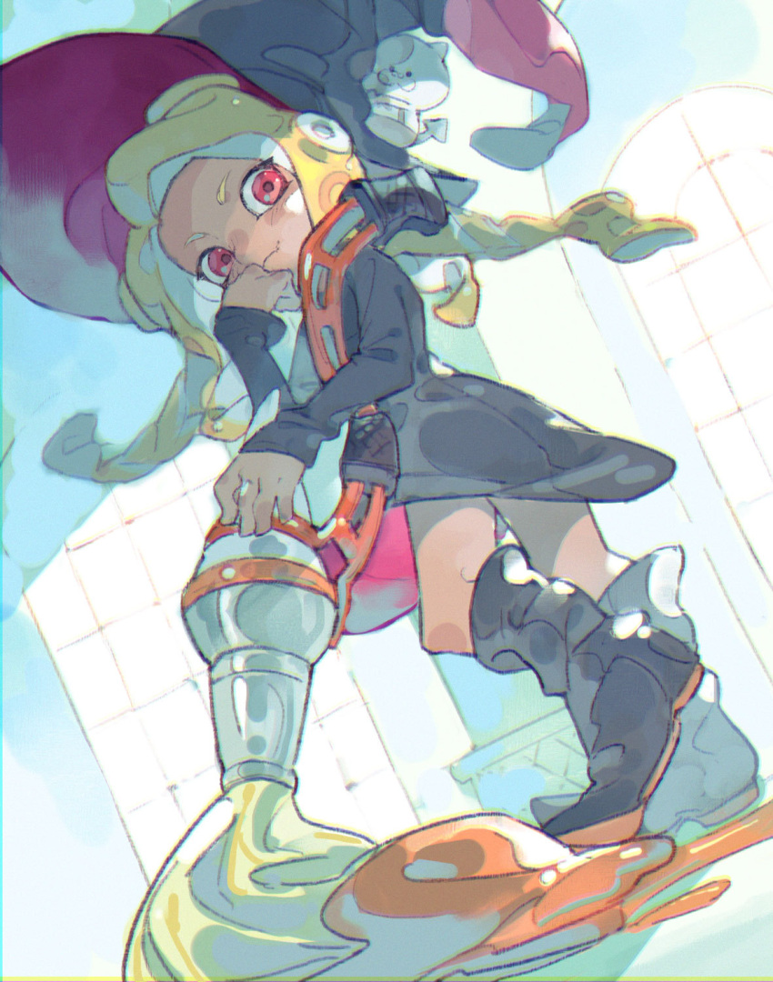 1girl black_dress black_footwear black_hat blonde_hair blue_sky boots cat closed_mouth clouds cloudy_sky commentary_request dress from_side hat heel_up highres holding holding_weapon inkbrush_(splatoon) kojajji-kun_(splatoon) light_blush long_hair long_sleeves looking_at_viewer looking_back makeup mascara octoling outdoors paint_splatter pointy_ears red_eyes short_dress sky smile solo splatoon splatoon_(series) splatoon_2 standing taroji tentacle_hair weapon witch_hat