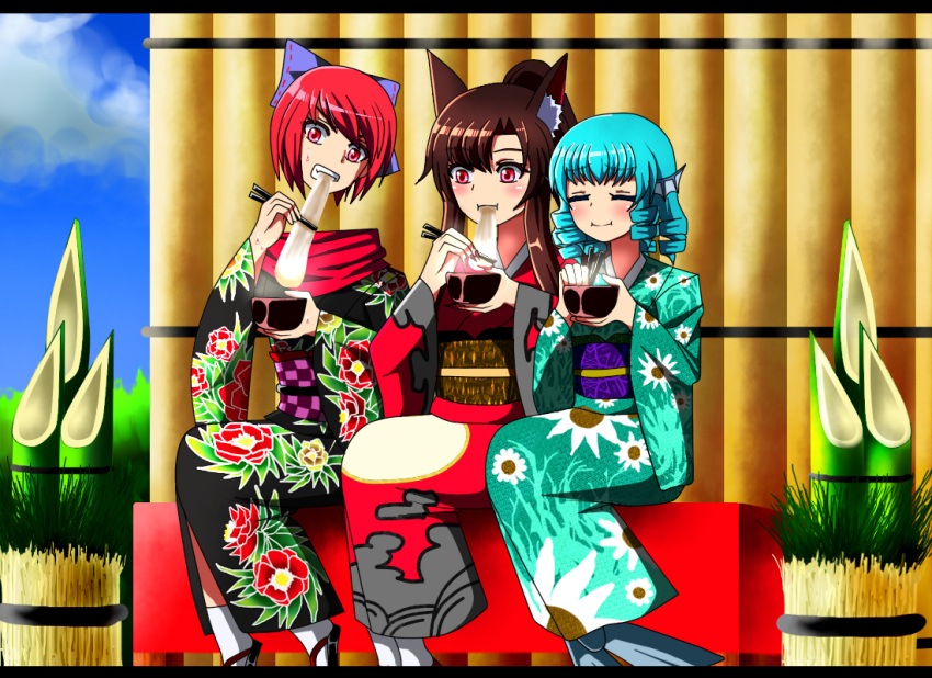 3girls alternate_costume animal_ear_fluff animal_ears arms_up bangs bench blue_sky blush bowl checkered_obi chopsticks closed_eyes cloud_print clouds commentary_request disembodied_head drill_hair eating feet_out_of_frame fingernails floral_print food_in_mouth grass_root_youkai_network head_fins holding holding_bowl holding_chopsticks imaizumi_kagerou japanese_clothes kadomatsu kimono light_blue_hair long_fingernails long_hair looking_at_viewer looking_to_the_side luna_(luna3962) mermaid mochi monster_girl multiple_girls nail_polish print_kimono red_eyes red_footwear red_nails red_scarf redhead sandals scarf sekibanki sharp_fingernails sitting sky smile steam sweatdrop swept_bangs tabi touhou wakasagihime white_legwear wolf_ears zouni_soup