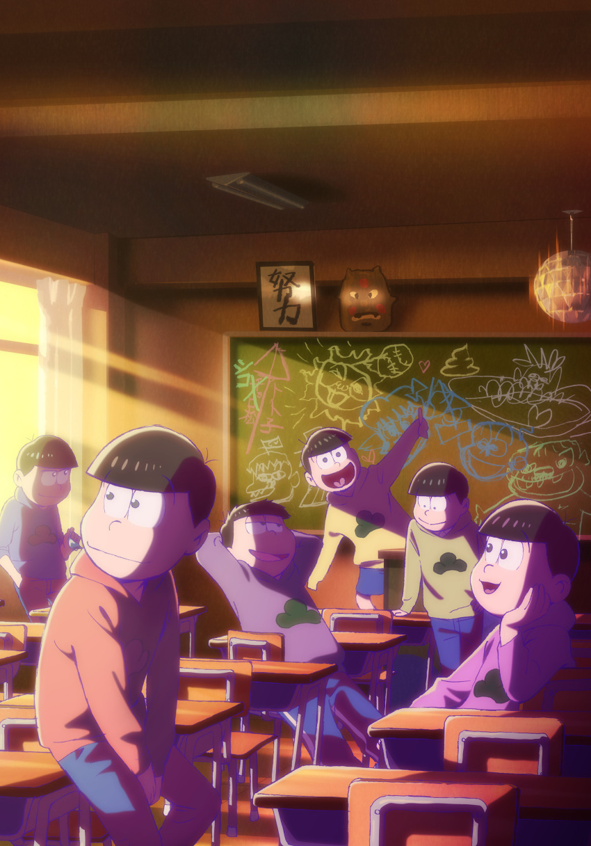 6+boys :&gt; absurdres arms_behind_head black_hair brothers chalkboard chin_rest classroom heart heart_in_mouth highres hood hoodie key_visual male_focus matsuno_choromatsu matsuno_ichimatsu matsuno_juushimatsu matsuno_karamatsu matsuno_osomatsu matsuno_todomatsu multiple_boys official_art osomatsu-san osomatsu-san_the_movie sextuplets shorts siblings sitting sleeves_past_wrists