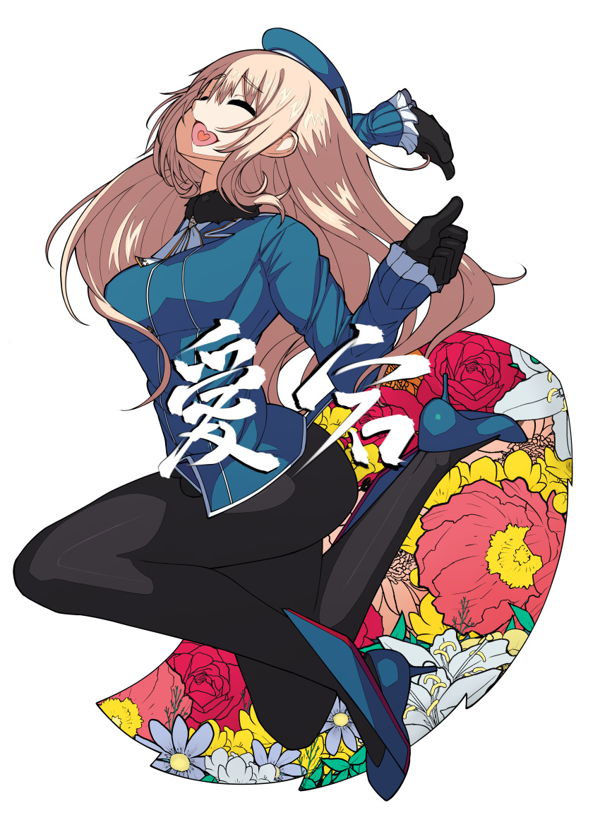 1girl :d absurdres atago_(kantai_collection) bangs beret black_gloves black_legwear blonde_hair blue_hat breasts closed_eyes eyebrows_visible_through_hair flower full_body gloves hat heart heart_in_mouth high_heels highres jumping kantai_collection karasuma_kuraha large_breasts long_hair long_sleeves military military_uniform open_mouth pan-pa-ka-paaan! pantyhose simple_background smile solo thumbs_up translation_request uniform white_background