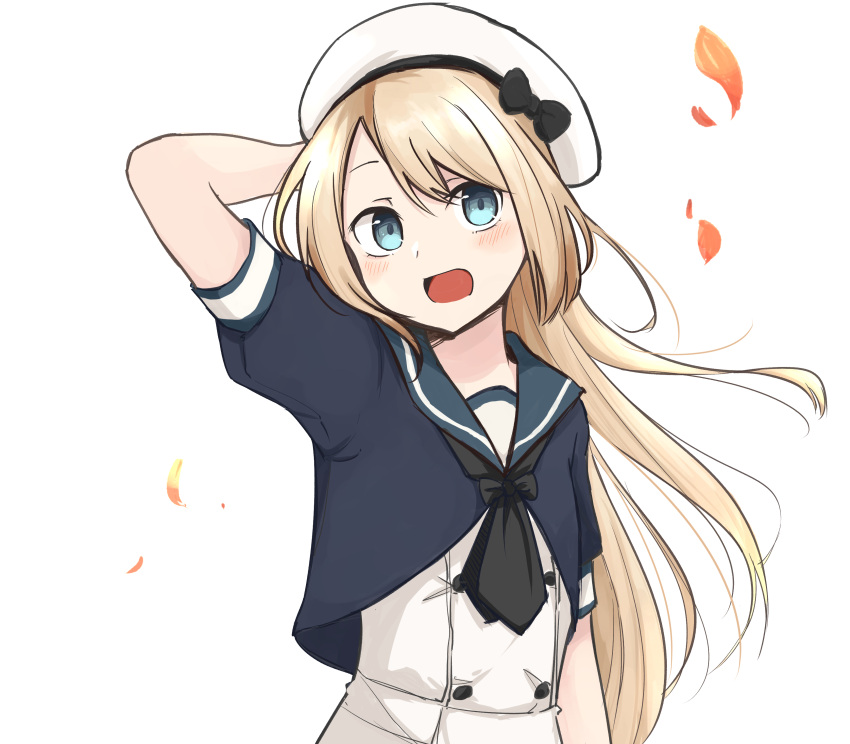 1girl absurdres arm_behind_head black_neckwear blonde_hair blue_eyes blue_sailor_collar dress hat highres jervis_(kantai_collection) kantai_collection looking_at_viewer neckerchief open_mouth sailor_collar sailor_dress sailor_hat short_sleeves simple_background solo spica1476 white_background white_dress white_hat