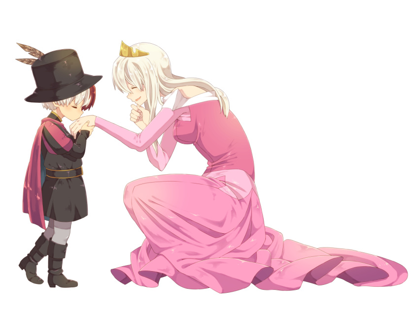 1boy 1girl aurora_(disney) black_footwear black_hat blush boku_no_hero_academia cape closed_eyes cosplay crown dress hand_kiss hat kiss kneeling long_sleeves mother_and_son pink_dress prince_philip prince_philip_(cosplay) princess_aurora princess_aurora_(cosplay) profile puffy_sleeves purple_cape redhead sleeping_beauty todoroki_rei todoroki_shouto uppi white_background white_hair