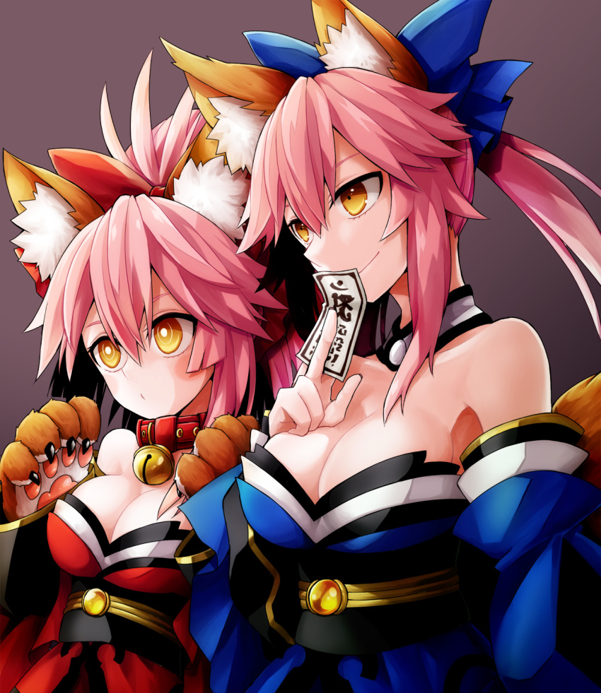 2girls animal_ear_fluff animal_ears bare_shoulders bell bell_collar blue_kimono blue_ribbon blush_stickers breasts cat_paws cleavage collar collarbone detached_sleeves dual_persona fate/extra fate/grand_order fate_(series) fox_ears fox_girl fox_tail gloves hair_ribbon highres japanese_clothes jingle_bell kimono large_breasts long_hair multiple_girls paw_gloves paws pink_hair ponytail red_ribbon ribbon saku_akiya smile tail tamamo_(fate)_(all) tamamo_cat_(fate) tamamo_no_mae_(fate) yellow_eyes