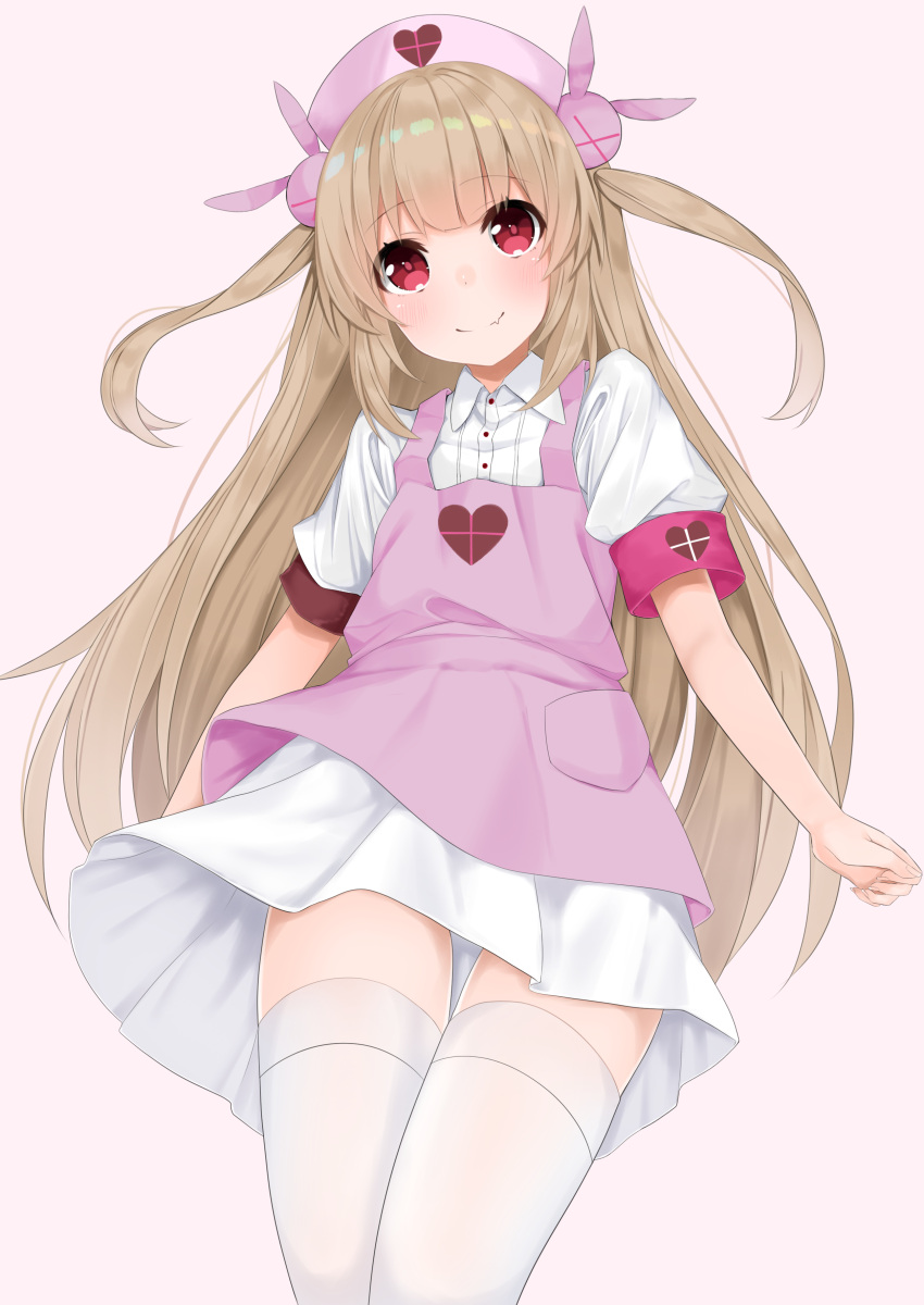 &gt;_&lt; 1girl absurdres apron armband blush bunny_hair_ornament closed_mouth collared_shirt commentary_request dress_shirt fang fang_out hair_ornament hashiko_nowoto hat head_tilt heart highres light_brown_hair long_hair natori_sana nurse_cap pink_apron pink_background pink_hat pleated_skirt puffy_short_sleeves puffy_sleeves sana_channel shirt short_sleeves simple_background skirt smile solo thigh-highs two_side_up very_long_hair virtual_youtuber white_legwear white_shirt white_skirt