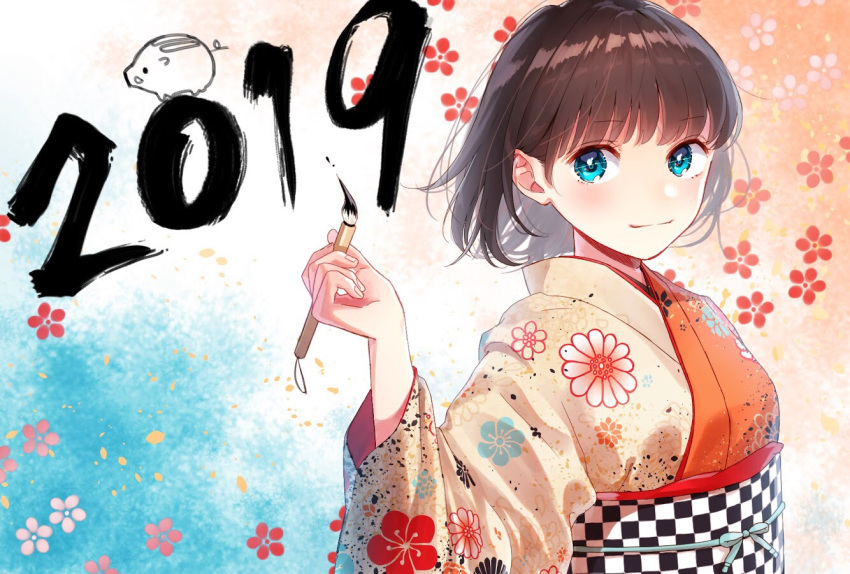 1girl 2019 bangs blue_eyes blush boar brown_hair calligraphy_brush checkered closed_mouth commentary_request eyebrows_visible_through_hair floral_background floral_print from_side hami_yura holding_brush ink japanese_clothes kimono long_sleeves looking_at_viewer looking_to_the_side multicolored multicolored_background new_year obi original paintbrush print_kimono sash short_hair smile solo tareme upper_body wide_sleeves yukata