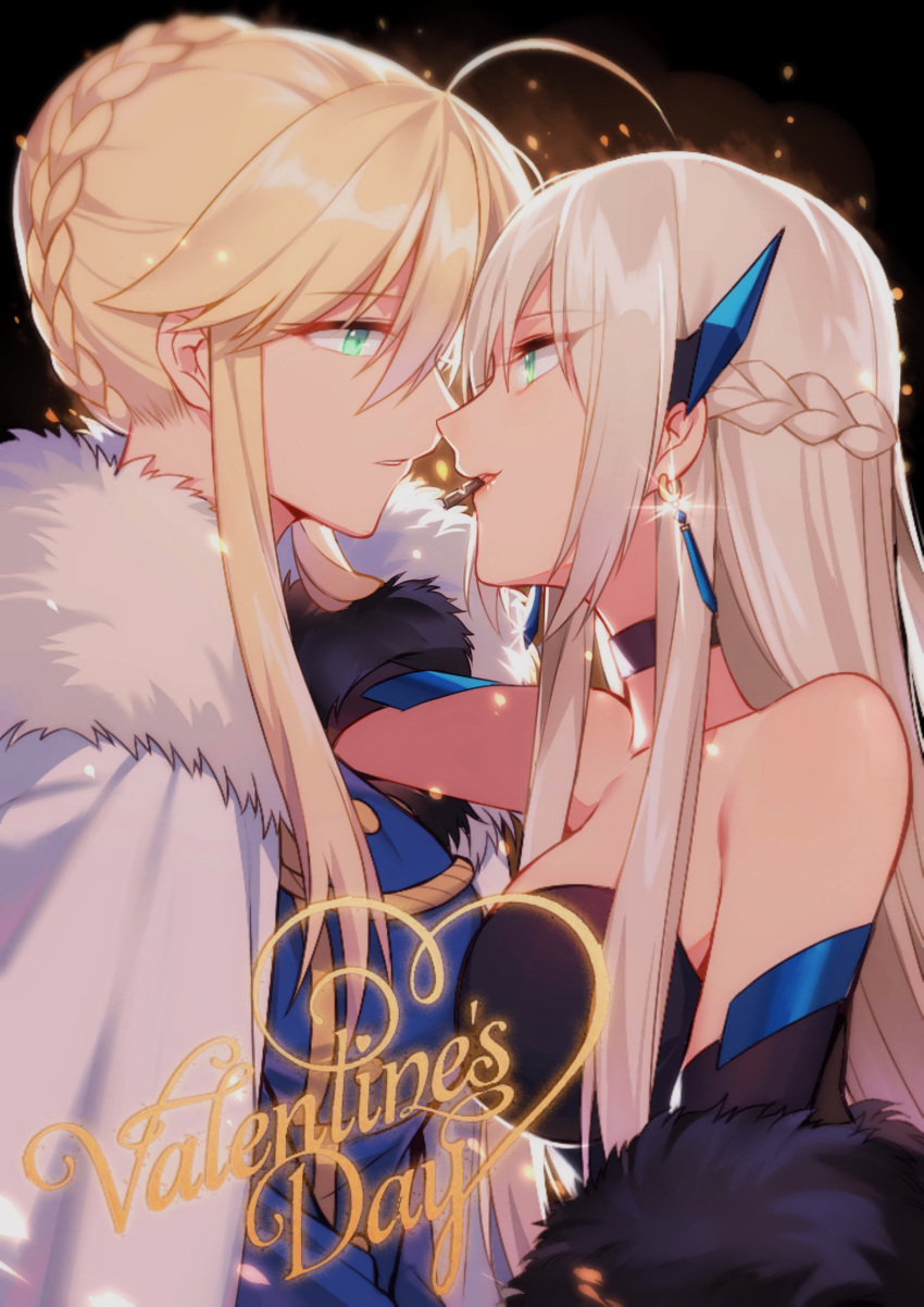 2girls absurdres ahoge artoria_pendragon_(all) artoria_pendragon_(lancer) bare_shoulders blonde_hair braid breasts cape chinese_commentary chocolate choker cleavage commentary_request earrings english_text face-to-face fate/grand_order fate_(series) french_braid from_side fur_trim green_eyes highres imminent_kiss incest jewelry large_breasts long_hair morgan_le_fay_(fate) mouth_hold multiple_girls profile siblings sisters sparkle upper_body valentine white_cape yorukun yuri