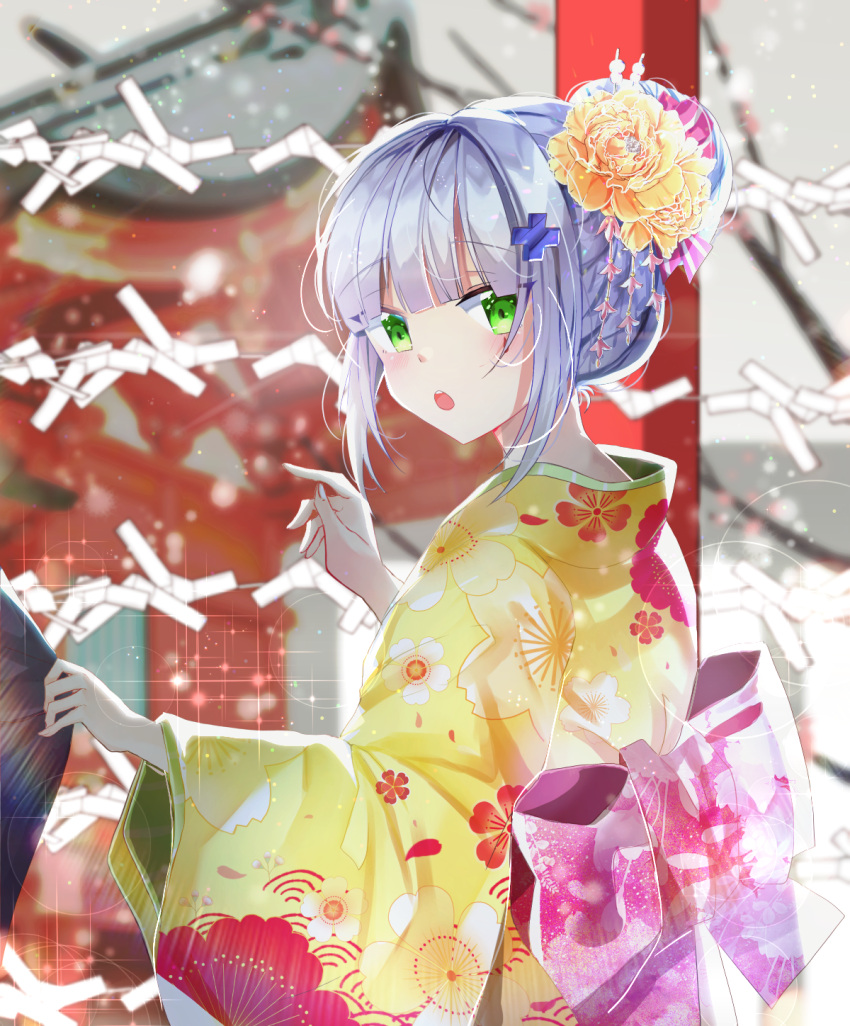1girl :o bangs blurry blurry_background blush bow commentary depth_of_field eyebrows_visible_through_hair floral_print flower girls_frontline green_eyes hair_bow hair_bun hair_flower hair_ornament highres hk416_(girls_frontline) japanese_clothes kimono long_sleeves miyo_(user_zdsp7735) open_mouth pink_bow print_kimono sidelocks silver_hair solo striped striped_bow upper_body upper_teeth wide_sleeves yellow_flower yellow_kimono