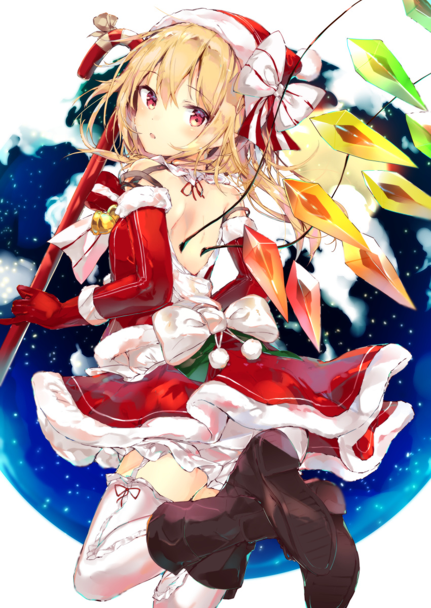 1girl :o absurdres alternate_costume backless_dress backless_outfit bangs bare_shoulders blonde_hair boots bow brown_footwear candy candy_cane christmas crystal dress elbow_gloves flandre_scarlet food gloves hair_bow hat highres holding long_hair looking_at_viewer looking_back pdf_available pointy_ears pom_pom_(clothes) red_dress red_eyes red_gloves red_hat sakusyo santa_costume santa_hat shoe_soles shoulder_blades signature snow solo thigh-highs touhou white_background white_bow white_legwear wings winter