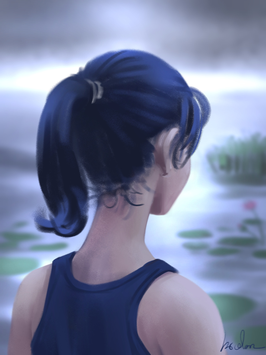 1girl black_tank_top blue_hair blue_shirt from_below gohpot hair_tie highres lily_pad nape shirt short_hair signature solo tank_top upper_body water
