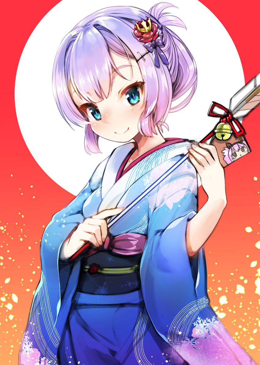 1girl absurdres arrow azur_lane bangs bell blue_kimono blurry blush bow breasts closed_mouth commentary_request crown_hair_ornament ema eyebrows_visible_through_hair flower hair_bow hair_flower hair_ornament hairclip hamaya harigane_shinshi head_tilt highres holding_arrow japanese_clothes javelin_(azur_lane) jingle_bell kimono long_sleeves looking_at_viewer medium_breasts obi print_kimono purple_bow purple_hair red_flower red_ribbon red_rose ribbon rose sash smile solo wide_sleeves