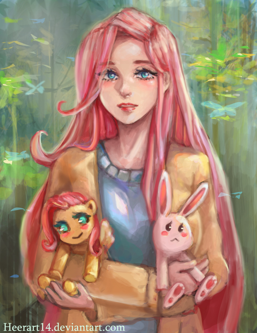 1girl artist_name blue_eyes deviantart_username fluttershy highres jacket lipstick long_hair looking_at_viewer makeup my_little_pony open_clothes open_jacket open_mouth parted_lips pink_hair rabbit red_lipstick simha solo stuffed_animal stuffed_bunny stuffed_toy very_long_hair watermark web_address yellow_jacket