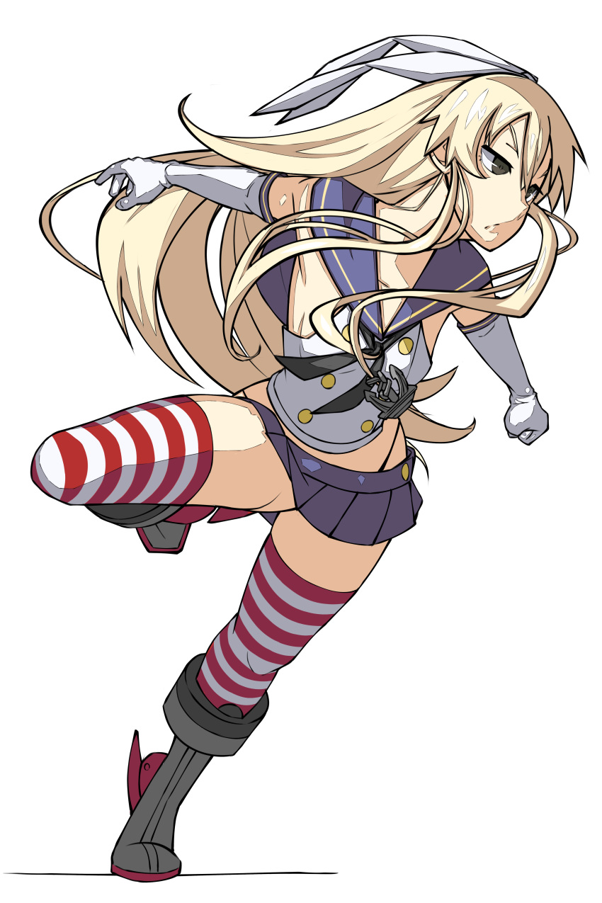 1girl :o absurdres anchor_hair_ornament bangs black_eyes black_panties blonde_hair bow clenched_hand crop_top elbow_gloves full_body gloves grey_footwear hair_bow hair_ornament highres kantai_collection karasuma_kuraha leg_up long_hair microskirt miniskirt panties pleated_skirt sailor_collar school_uniform serafuku shimakaze_(kantai_collection) simple_background skirt solo striped striped_legwear thigh-highs thighs underwear white_background white_gloves